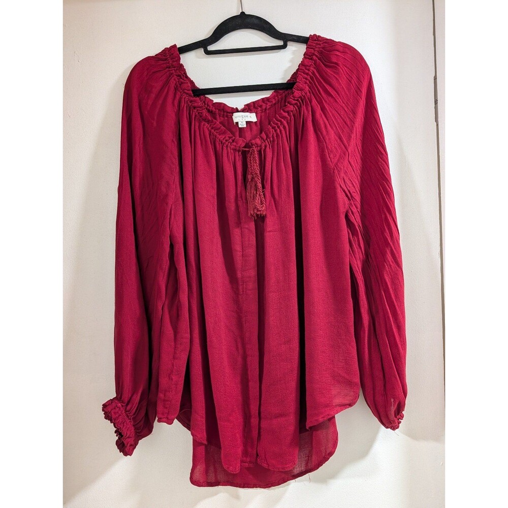 Umgee Red Off Shoulder Tassel Tie Long Sleeve Blouse Top